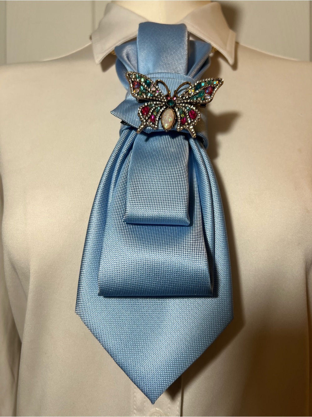 Tie Necklace with Butterfly Crystal Brooch Accent